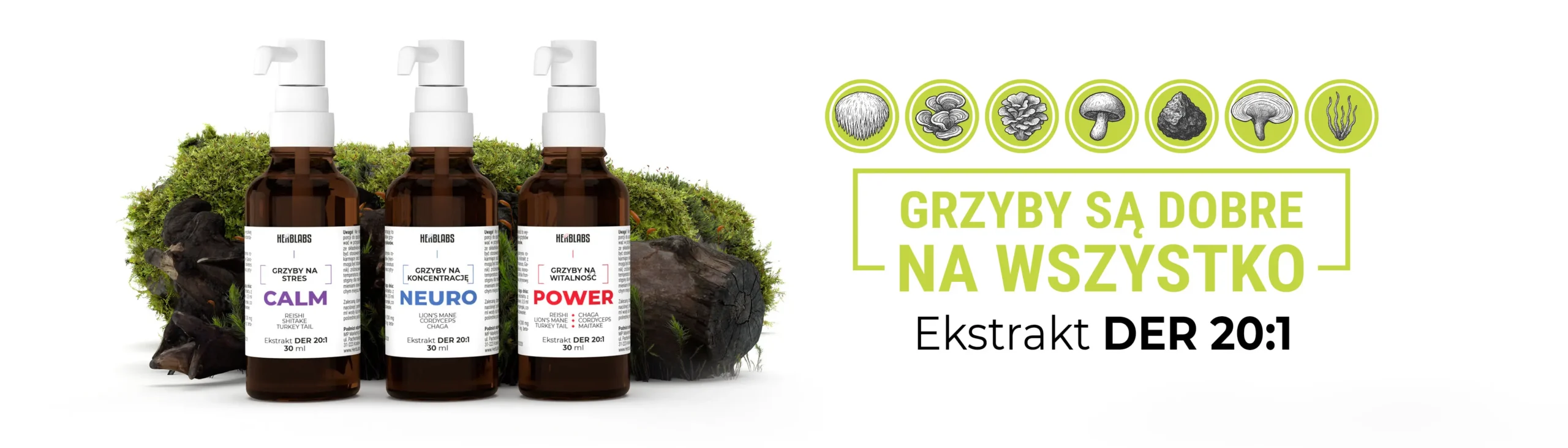 Ekstrakty z grzybów funkcjonalnych HerbLabs: NEURO, CALM i POWER na koncentrację, stres i odporność.